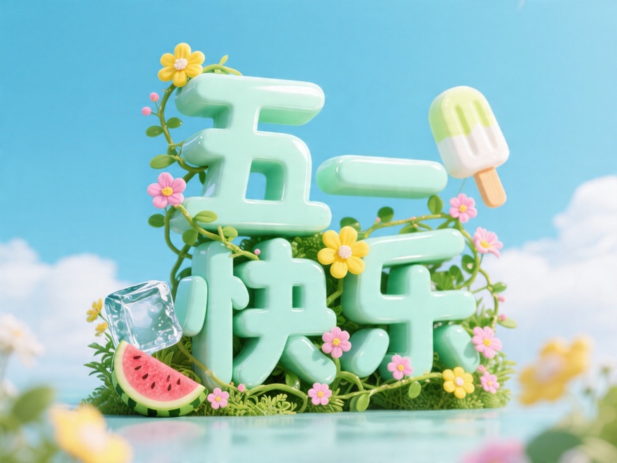 主体部分是一个由绿植鲜花，冰块西瓜雪糕造型构成的 “五一快乐”文字 ，颜色主要为薄荷绿，搭配黄色和粉色小花，以及蔓延的藤蔓，呈现出夏天的味道。背景为蓝天白云，简洁干净，使主体更加突出。尺寸32：9预览效果