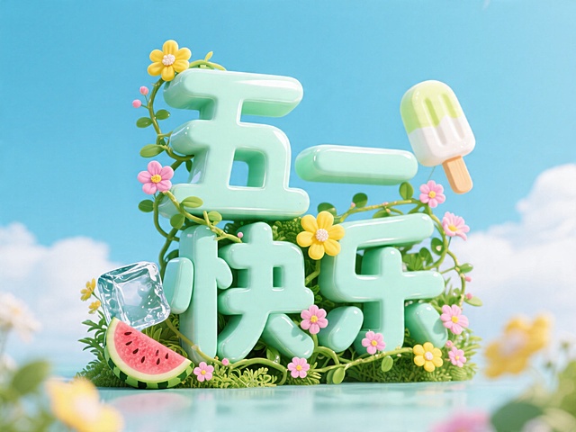 主体部分是一个由绿植鲜花，冰块西瓜雪糕造型构成的 “五一快乐”文字 ，颜色主要为薄荷绿，搭配黄色和粉色小花，以及蔓延的藤蔓，呈现出夏天的味道。背景为蓝天白云，简洁干净，使主体更加突出。尺寸32：9