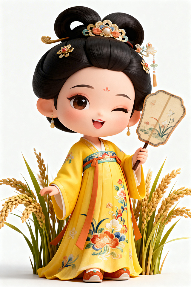 Q版卡通写实风格仕女图，穿着黄色襦裙，人物形象可爱，人物主题部分写实，发髻装饰精致，裙子花纹艳丽清晰，手持图扇，搭配纯白背景，表情妩媚俏皮，脚下一簇水稻