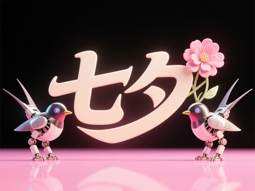 横向浅色文字"七夕"，线条流畅，朋克风字体。创意字体设计点缀两只喜鹊造型的机器人、花朵元素，科技炫酷。粉色背景，浪漫七夕氛围。预览效果