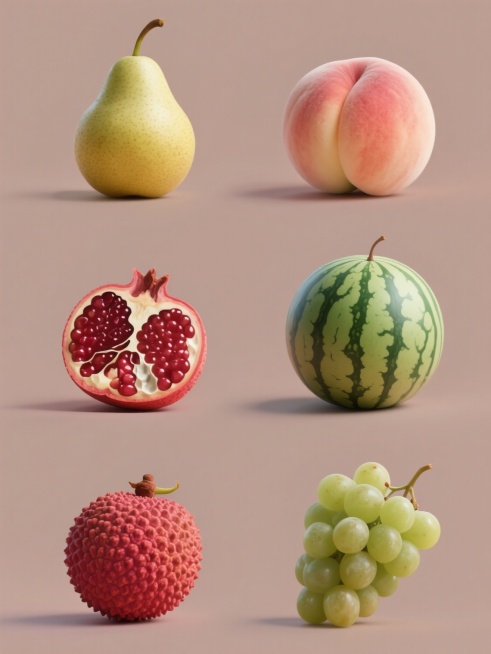 6个规整排布的水果造型图案素材，每张素材均为单一水果，包含梨子、水蜜桃、西瓜、石榴、荔枝、葡萄，均采用高写实主义风格，水果表面纹理细节清晰，色彩鲜艳饱满，光影效果自然，立体感强，纯色背景，整体构图简洁明快，视觉层级分明，信息传达高效。预览效果