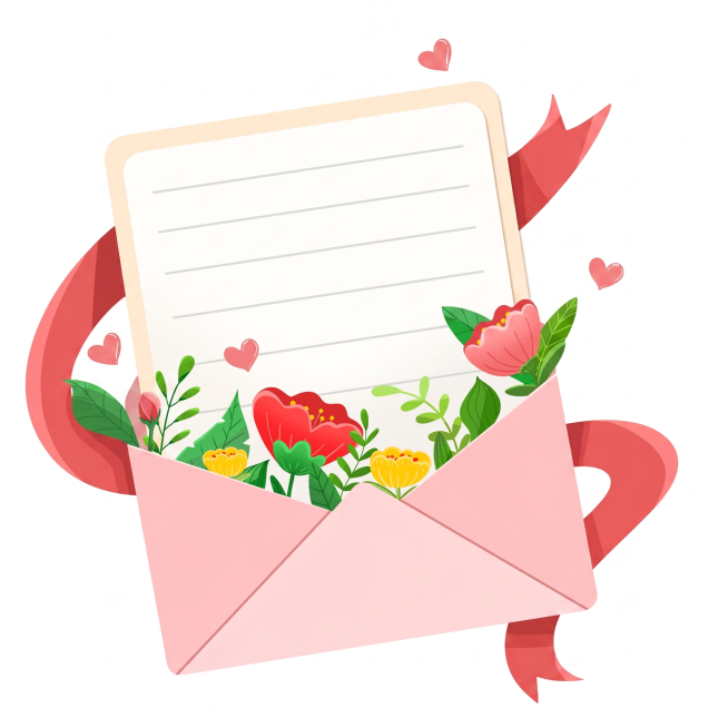 去除图片中所有的英文文字Mother's Day，保持信封、花卉、飘带爱心这些其他元素不变，保持整体风格不变预览效果