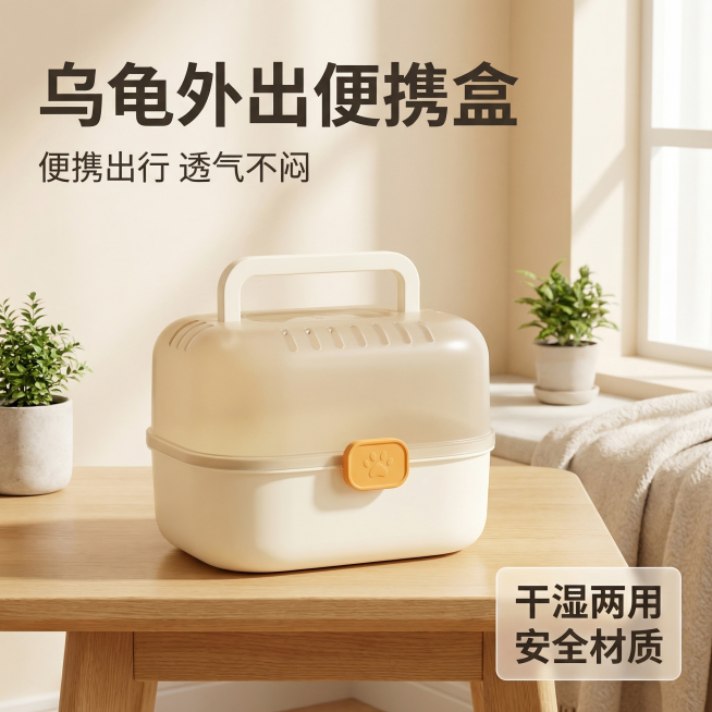 [主图 1] 乌龟外出便携盒场景展示首图
[氛围/风格] 温馨舒适家居治愈风，柔和自然光，干净舒适氛围
[画面元素] 参考原图产品外观，保持米白色半透明盒子加橙色扣手设计，产品居中放置在温馨家居场景中预览效果