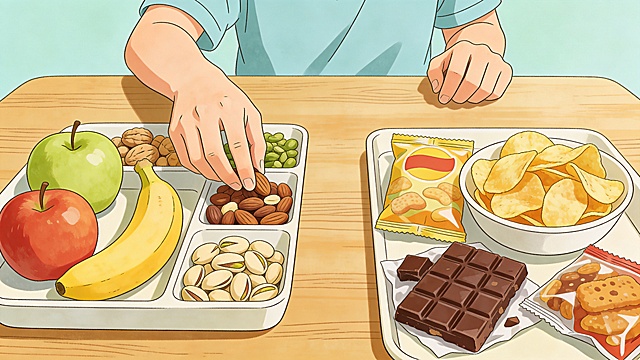 健康选择零食主题手绘插画，展示餐桌选择健康零食远离高热量垃圾食品的场景，传递远离高糖油炸零食的健康体重观念，手绘插画风格，简洁清新，画面无任何文字