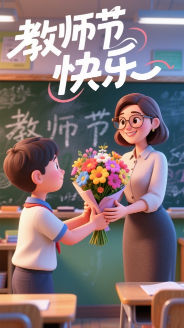 3D卡通风格，特写学生手持花束递给戴眼镜的美女教师，虚化的教室黑板背景带有粉笔字痕迹，"教师节快乐"飘逸文字设计，悬浮在海报顶部，景深效果突出空间层次，前景可以虚化。采用卡通渲染技术增强画面亲和力，大预览效果