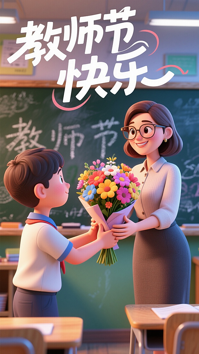 3D卡通风格，特写学生手持花束递给戴眼镜的美女教师，虚化的教室黑板背景带有粉笔字痕迹，"教师节快乐"飘逸文字设计，悬浮在海报顶部，景深效果突出空间层次，前景可以虚化。采用卡通渲染技术增强画面亲和力。c4d建模，大师构图