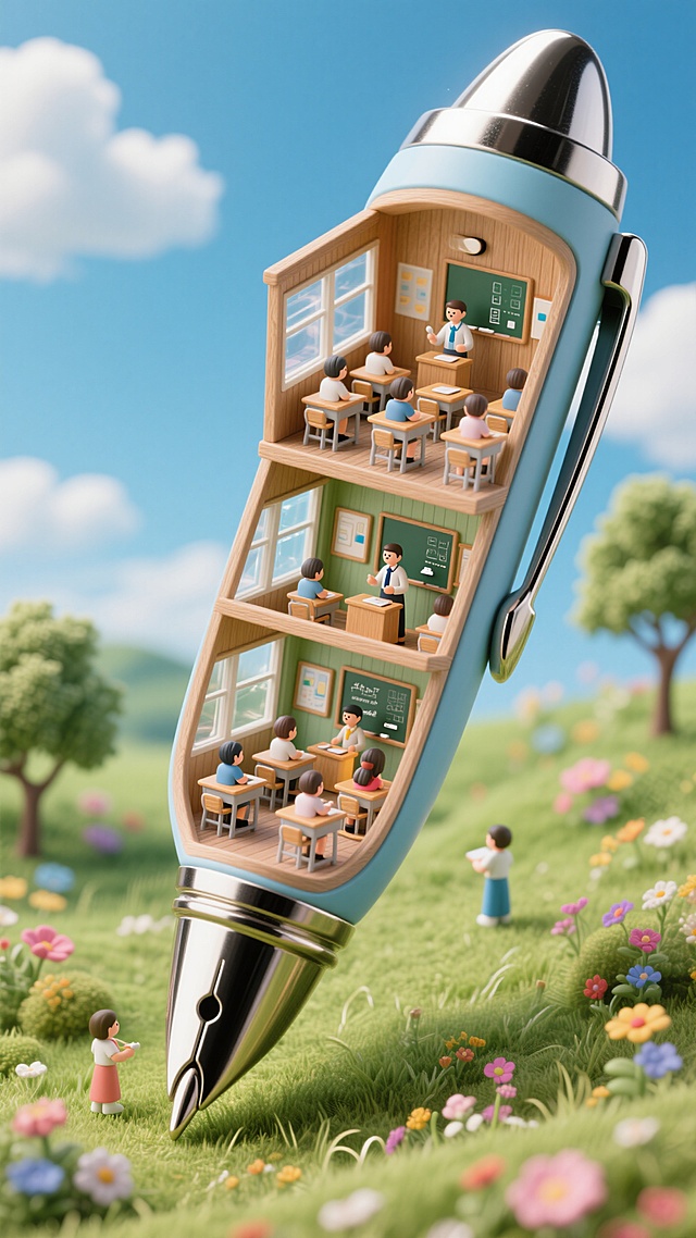 3D风微缩艺术，清新卡通笔中藏教室，超现实主义教育梦。