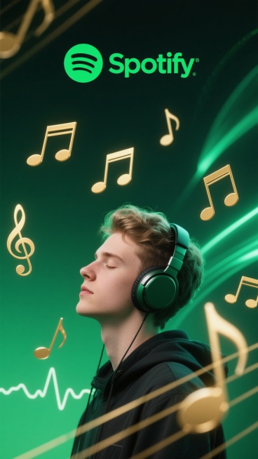 竖构图，Spotify品牌绿为主色调，简约大气风格。一位专注的欧美年轻人戴着耳机，闭眼沉浸在音乐中，周围漂浮着金色的五线谱、音符和音乐波形图案，体现音乐媒体核心功能。背景为渐变的深绿色，点缀流动的光效预览效果