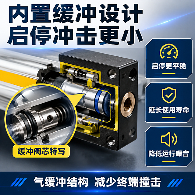 [主图-3] 内置缓冲与启停冲击小卖点细节图，主题为缓冲结构细节放大展示。
[统一基调] 整体风格为工业专业风，背景主色为浅灰渐变搭配深蓝科技感光晕，标题字色为深蓝黑色，辅助字色为深灰色，强调色为明黄色，字体为粗黑无衬线工业字体，字号层级分明，组件采用硬朗直角卡片与细线条边框，整体满版高信息密度构图。
[画面] 主画面为气缸一端的局部放大特写，聚焦端盖内部缓冲结构区域，占画面约60%，可以看到内部缓冲气路与密封圈的精细结构。左侧有一个圆形放大镜效果区域，进一步放大缓冲阀芯细节。右侧竖向排列3个卖点说明卡片，每个卡片配有小图标。顶部为大标题，底部有一行总结性文案。背景为深灰到浅灰的渐变，突出产品细节。
[光影质感] 微距工业摄影质感，光线从侧方照射，金属内部结构层次分明，密封圈橡胶质感真实，放大镜区域有玻璃反光效果，整体细节锐利清晰。
[配色] 背景深灰渐变，标题白色字，说明卡片深蓝底白字，重点缓冲部位用明黄色轮廓线高亮标注。
[文字版式] 顶部大标题：内置缓冲设计 启停冲击更小。右侧3个卡片竖向排列：启停更平稳、延长使用寿命、降低运行噪音。放大镜旁标注：缓冲阀芯特写。底部小字：气缓冲结构 减少终端撞击。所有文字横排，清晰不遮挡关键结构。
[输出要求] 1:1正方形比例，细节清晰，结构真实，文字清晰无错字，无水印无平台Logo，禁止变形、虚构结构、模糊。