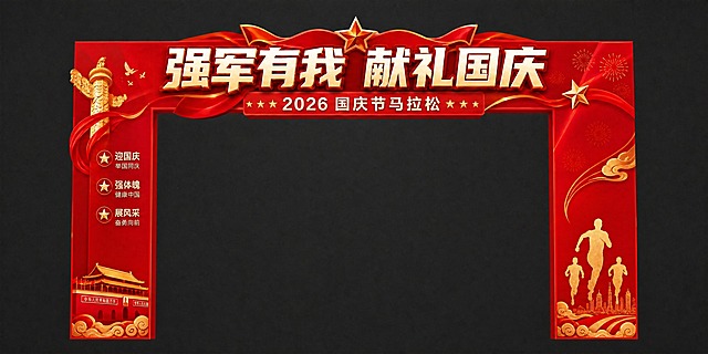 基于参考图进行修改：将底部左右两侧向外延伸突出的异形装饰部分（左侧建筑+祥云、右侧城市剪影+跑者+祥云）全部缩小收回到立柱宽度范围内，使拱门左右两侧底部不再有超出立柱宽度的外凸异形部分，立柱上下宽度一致、边缘齐整。底部装饰元素（建筑、祥云、跑者剪影、城市剪影）按比例缩小后容纳在立柱内部，不超出立柱左右边界。顶部横梁、主标题、副标题、立柱上的文案和装饰保持不变。整体红色主色调和金色装饰风格保持一致。