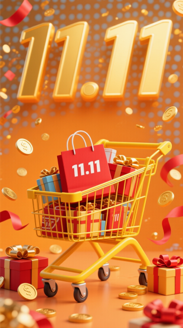 以鲜艳橙黄色为主色调，上方是巨大且的 “11.11”亮金色字体，中间是一辆黄色的购物车，车内装满了带有 “11.11” 字样的红色购物袋、包装精美的礼盒等商品，购物车周围还散落着金色的硬币、蝴蝶结装饰预览效果