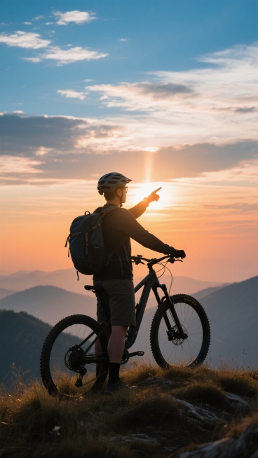 一位戴着头盔、背着双肩包的山地自行车手，正站在山地自行车旁，一手扶着车把，另一手抬起指向远方的天空，夕阳的光芒从他身后照射过来，形成鲜明的剪影效果，他穿着长袖骑行服和短裤，站在长满草的山顶上，背景是壮丽的日落天空，天空中布满了蓝色和橙色渐变的云彩，远处的山峦在霞光中若隐若现，整个画面充满了探险和自由的氛围，具有强烈的视觉冲击力和艺术感。预览效果