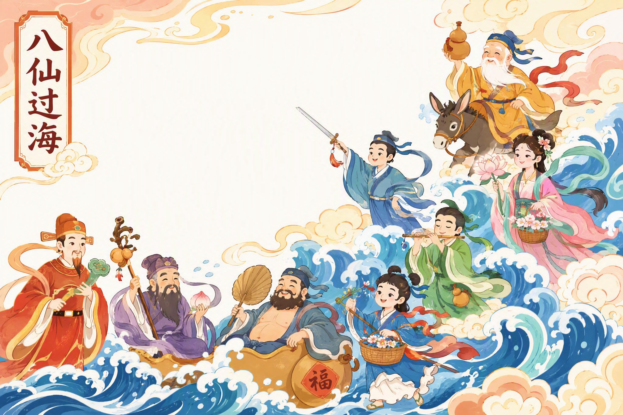 参考上传图片的中国风儿童插画风格，重新绘制八仙过海的画面，用于… - 图片创意预览
