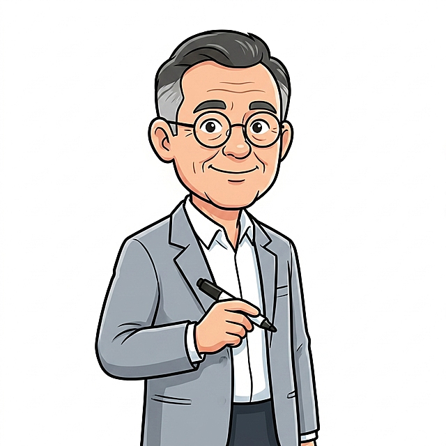 参考提供图片中的卡通插画设计风格，生成一位49岁的中年男老师，两鬓白发，穿浅灰色西装，手拿马克笔，友好微笑，纯白色背景，年龄在35-50之间