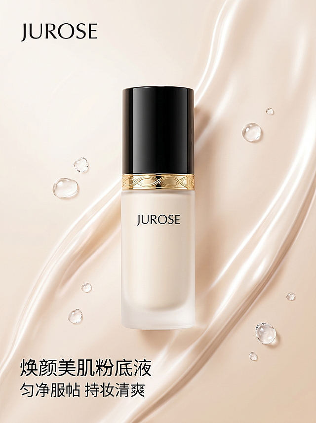 生成一张电商主图，高级纯净美妆风，浅香槟渐变流体背景搭配晶莹水滴，中央展示缤诺丝JUROSE焕颜美肌粉底液瓶身，保持瓶身黑色顶盖、金色装饰带和米白色磨砂瓶身外观不变，左上角放置品牌JUROSElogo，左下角配文焕颜美肌粉底液 匀净服帖 持妆清爽，商业摄影质感，C4D超写实渲染，光线柔和通透，画面干净高级，3:4比例，文字清晰，无违禁内容