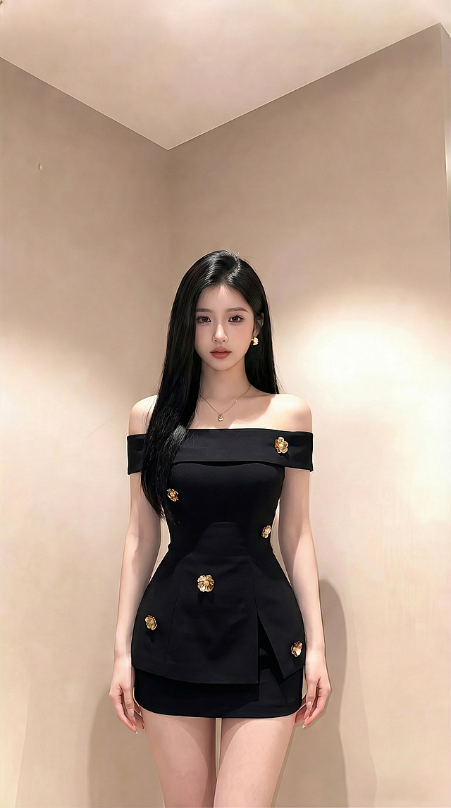 将图一图二的黑色一字肩收腰裙装穿搭换到图三人物身上，给图三人物更换简约耳饰并佩戴精致项链，优化人物身材比例，腰细，不拿包包，人物姿态和背景保持不变