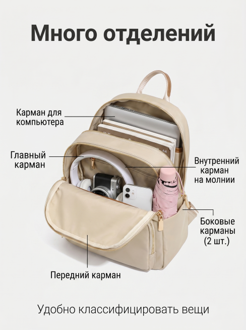 严格还原上传的卡其色牛津布多功能双肩包产品图，包括卡其色面料、皇冠金属徽章、金色拉链、包型轮廓、尺寸26cm×12.5cm×32cm等所有外观细节，俄式极简轻奢杂志风，浅灰色哑光背景，卡其色背包敞开展预览效果