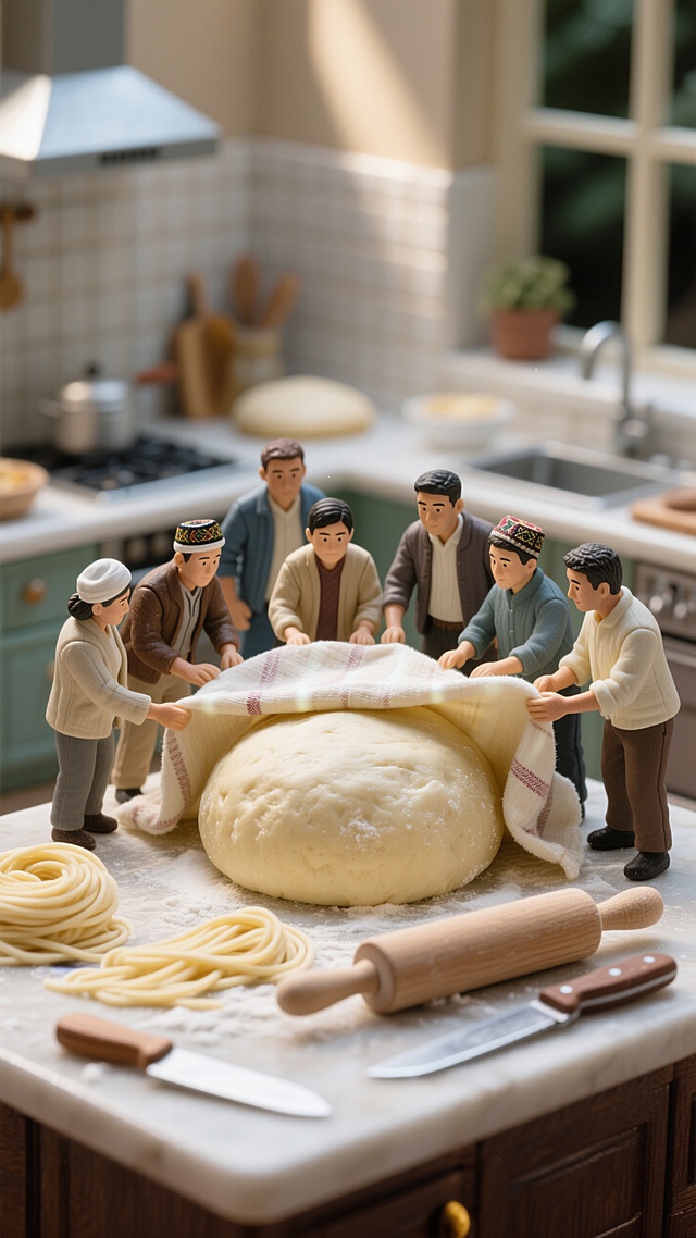 7个现代微缩新疆人，将揉好的面团盖上湿布，放在温暖的地方醒面。他们围在面团旁，脸上带着期待，轻轻掀起湿布查看面团醒发的情况。背景是厨房操作台上摆放着醒发的面团，旁边有一些制作面条的工具