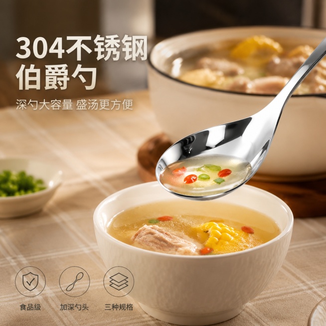 [单张主图] 304不锈钢伯爵勺商品主图，高级氛围感真实使用场景主图，侧重展示喝汤场景，突出勺深与大容量。
[画面主体] 保持伯爵勺外观、物理结构、304不锈钢材质质感和亮银色与输入产品图绝对一致，杜预览效果