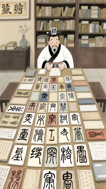 咸阳宫书房，各地不同文字摆在桌上，嬴政像强迫症整理收纳师一样，把乱七八糟文字摆整齐，换上统一秦篆，歪的都掰正，搞笑风格，复古绘本，9:16竖版预览效果