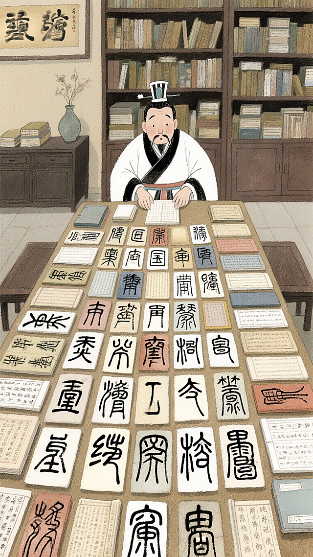 咸阳宫书房，各地不同文字摆在桌上，嬴政像强迫症整理收纳师一样，把乱七八糟文字摆整齐，换上统一秦篆，歪的都掰正，搞笑风格，复古绘本，9:16竖版