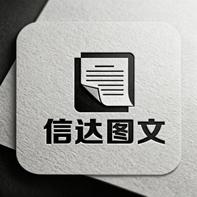 打印店品牌LOGO设计，店名是"信达图文"，简约现代专业风格，不同设计方案，适合作为抖音美团高德店铺头像，高端商业感，清晰易识别，1:1正方形构图，方案2图形文字组合设计，纸张元素结合预览效果