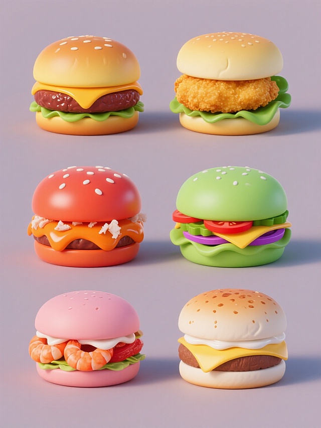 六个不同口味的汉堡以规整的2x3网格排布在纯色背景上，保持软3D风格。从左上角开始顺时针依次是：牛肉堡（金黄色面包配棕红色肉饼，芝士橙黄流淌）、鸡排堡（浅黄面包配金黄炸鸡排，点缀绿色生菜）、蟹黄堡（橙红面包配橙黄色蟹黄酱，撒白色蟹肉粒）、蔬菜堡（嫩绿面包夹彩色蔬菜层，红黄番茄紫甘蓝相间）、虾排堡（粉红面包配橙红虾排，点缀白色沙拉酱）、芝士堡（乳白面包夹多层黄白芝士片，边缘微焦）。所有汉堡保持圆润饱满的造型，表面有细腻的光泽感和轻微阴影，色彩鲜亮明快，整体风格统一且富有食欲。