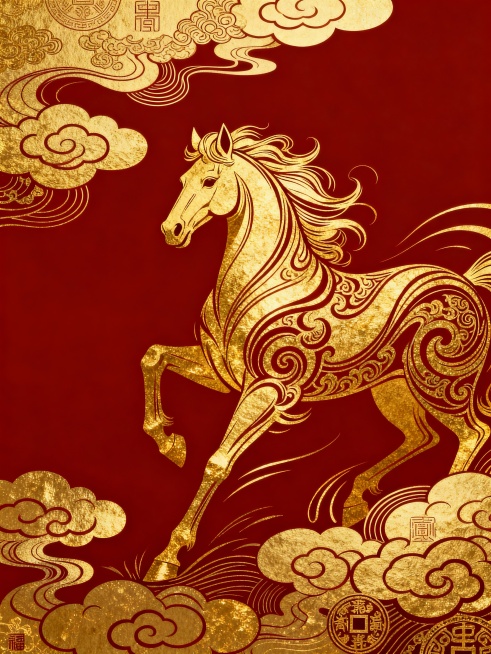 扁平印刷风格，主体为烫金印刷马形与传统祥云纹结合，延续中国新年元素，背景为酒红色。融合索尔·巴斯的动态线条设计，带有流动感；James Jean的神话插画风格体现在祥云纹的精细装饰上，整体风格统一且富预览效果