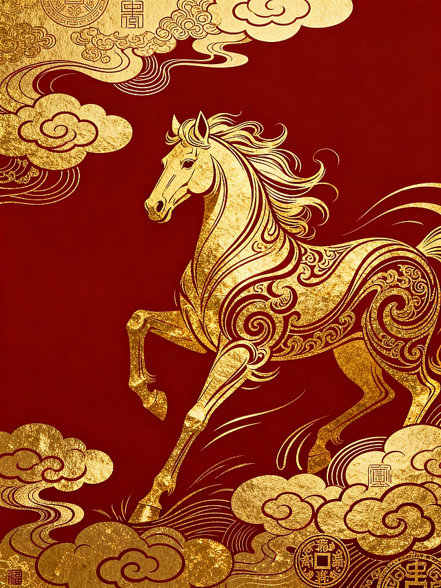 扁平印刷风格，主体为烫金印刷马形与传统祥云纹结合，延续中国新年元素，背景为酒红色。融合索尔·巴斯的动态线条设计，带有流动感；James Jean的神话插画风格体现在祥云纹的精细装饰上，整体风格统一且富有叙事性，