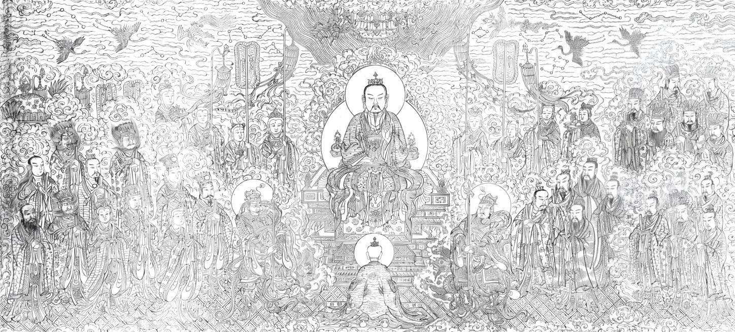 按照原尺寸无损修复，去除画面上的黑色竖条杂志污渍，只保留线稿和白底。修复破损部分，调正页面，按照明代道士对神仙的理解，着重修复图中每一个人物的面部表情，保持整体白描线稿风格不变。预览效果