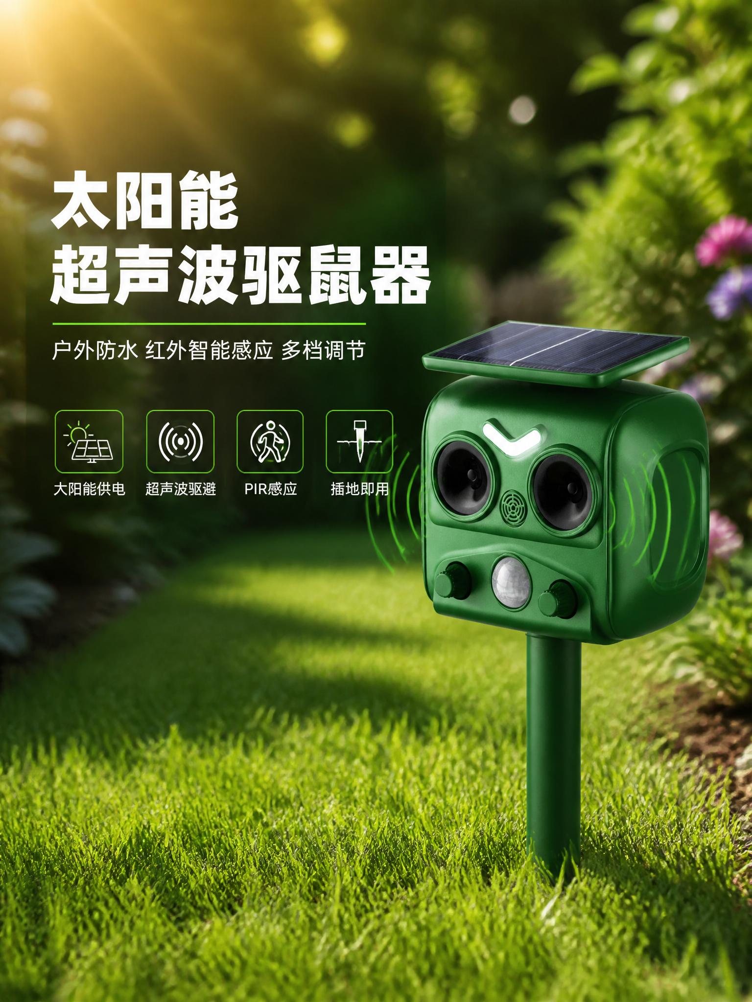 [商品] 使用【图1】太阳能超声波驱鼠驱鸟器；保留绿色机身、顶… - 图片创意预览