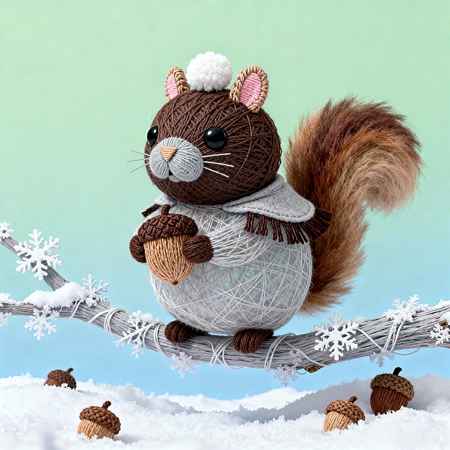 毛线编织的松鼠萌趣可爱，拟人化设计搭配柔软毛发生长感，3D粘土风呈现温馨梦幻冬日场景，手持橡果立于雪枝，充满节日治愈气息。