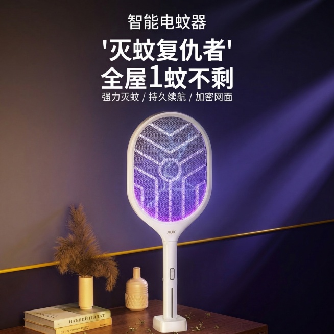 将图片调整为正方形比例，画面铺满无留白，文字对应放大，整体画面协调，把顶部的“AUV奥克斯”文字替换为“智能电蚊器”文字，其余内容保持不变预览效果