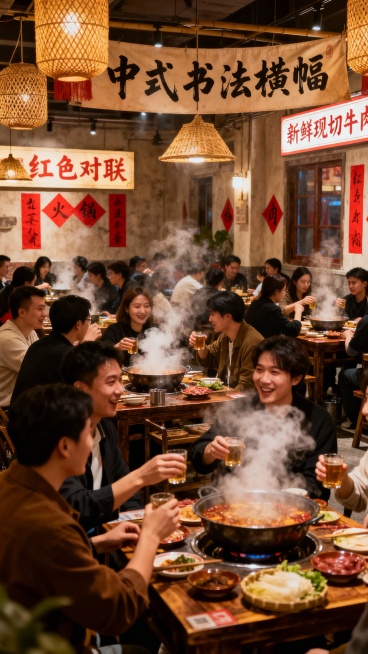 火锅店营业期间满客场景，店内人头攒动，每张桌子都坐满了食客，热气腾腾的火锅冒着白烟，空气中弥漫着食物香气，人们围坐桌边举杯交谈，脸上洋溢着满足的笑容，天花板悬挂着竹编灯笼和中式书法横幅，墙上贴有红色对预览效果