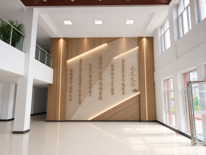 「图片1」「图片1」「图片1」「图片1」第一张是现场照片，第二张是我设计的文化墙平面图，现在我要你做成一个匹配现场照片的效果图。首先平面图上左右两边深一点颜色的柱子其实是要和中间部分的颜色统一的，要统预览效果