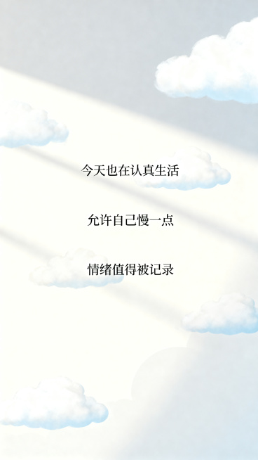 竖屏H5治愈语录页，高级简约治愈风，奶油白和浅灰蓝配色，版式干净清爽。居中展示3句治愈短句："今天也在认真生活""允许自己慢一点""情绪值得被记录"，搭配淡淡云朵和柔和光影装饰，氛围安静温暖，留白充足预览效果