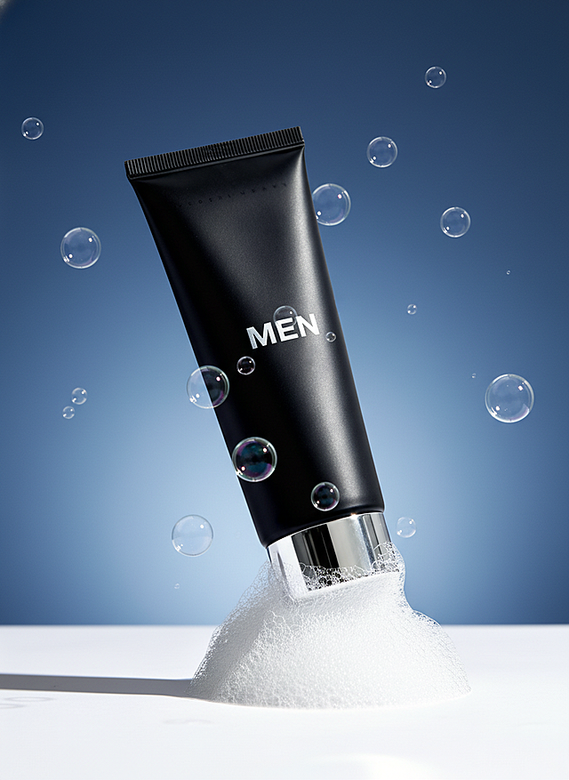 提取画面中的商品主体，制作简洁氛围感商品展示图，商品悬空，产品下面有洗浴产生的泡沫，背景为蓝色和白色的渐变，周围有泡泡