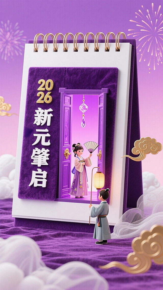 主体为深紫色丝绒日历造型，紫粉渐变背景，浅紫色丝绒地面；日历白页里嵌入一扇紫色琉璃门（门内透出粉紫色光晕，悬挂着水晶挂饰），儿童（门外穿汉服的女童执折扇轻推，门内穿唐装的男童举着灯笼迎接，姿态雅致）；搭配薄纱质感白色云朵、紫金烟花与金色祥云元素，色彩雅致大气；深紫色（日历主体、背景底色），白色（日历空白页、云朵）、金色（烟花、祥云、“2026”字样），色调华贵喜庆；日历上部分是紫色页有金色“2026”与白色“新元肇启”字样，背景烟花与祥云缠绕，云朵质感轻盈如纱。