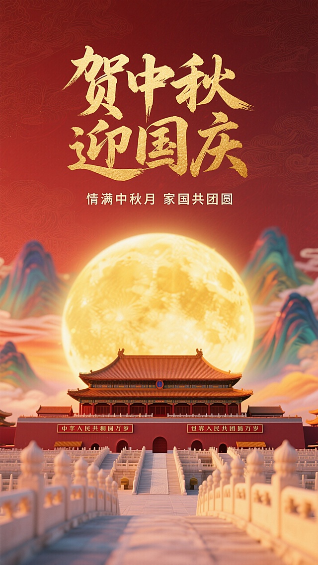 中式美学风格，背景：褚红色，山水暗纹。画面上方有书法字标题“贺中秋 迎国庆”和小字“情满中秋月 家国共团圆”，金色；画面下方为故宫建筑，后面是模糊的金黄色圆月轮廓，呈现高斯模糊与炫彩光影叠化效果，增强梦幻氛围
