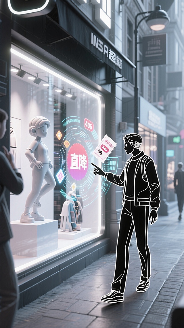 未来感与科技感交织的都市街景，描边风人物指向霓虹灯风橱窗，虚拟现实界面悬浮展示“直降”促销信息，金属质感建筑与光影效果强化潮流与体积感。