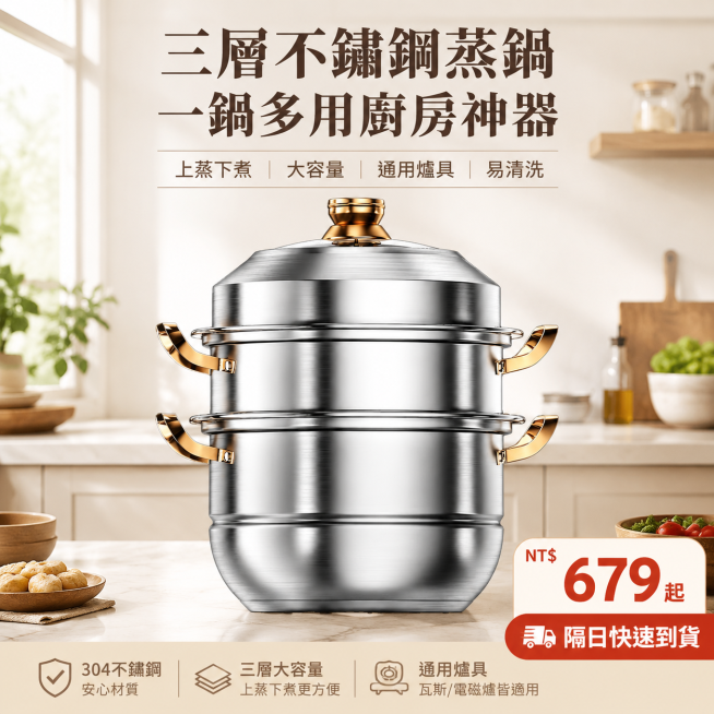 1:1正方形台湾虾皮厨具风详情页，温暖高级厨房背景，自然光打亮，完整展示三层不锈钢蒸锅整体造型，同时呈现锅体、手柄、玻璃盖的完整外观；严格还原上传的产品图，包括不锈钢拉丝、金色手柄、三层结构等所有细节预览效果