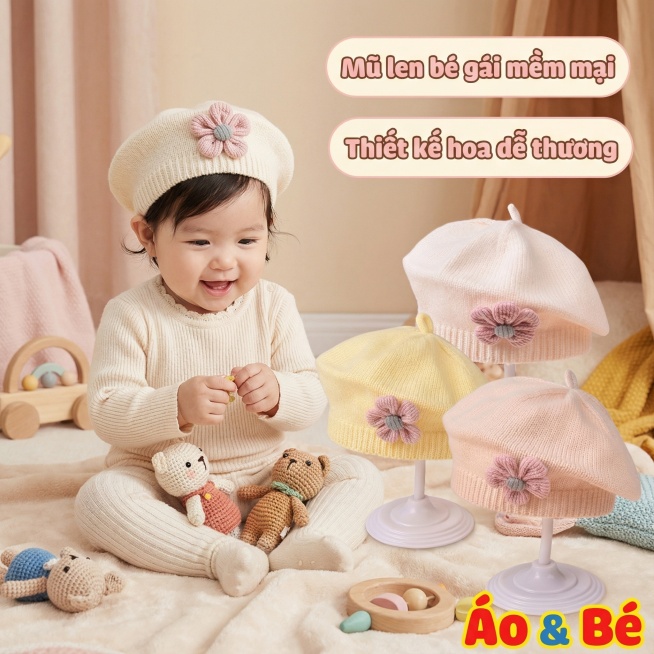 生成800x800像素1:1比例的女婴针织贝雷帽主图（适配越南Shopee平台）：
1. 主体呈现：展示图中3款针织贝雷帽（黄/浅粉/米白），突出立体花朵装饰、针织纹理质感，还原柔软亲肤的面料特点；预览效果