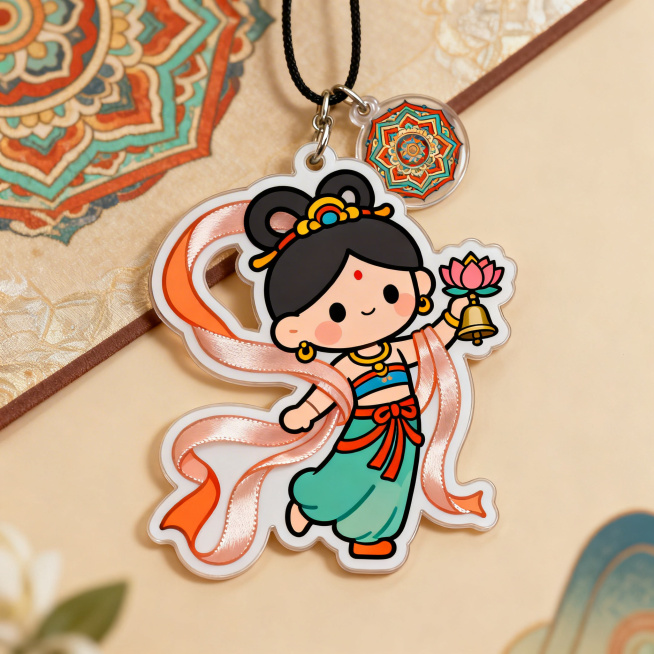 Q版敦煌飞天化作可爱挂饰，飘带是软软的丝带质感，飞天手持小铃铛代替了原本的莲花，背后带有迷你敦煌藻井图案，2D平面插画风格，色彩鲜亮童趣，适合作为可爱文化挂件预览效果