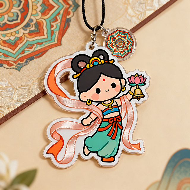 Q版敦煌飞天化作可爱挂饰，飘带是软软的丝带质感，飞天手持小铃铛代替了原本的莲花，背后带有迷你敦煌藻井图案，2D平面插画风格，色彩鲜亮童趣，适合作为可爱文化挂件