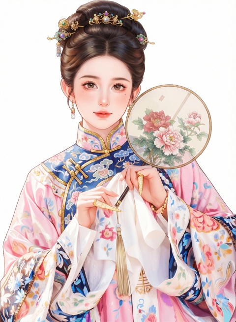 保持画风不变，保持服装整体配色不变，更换女生的脸为另一个人漂亮的脸，微调发型款式，微调发髻头发造型，更换同风格不同设计的服装样式，女生手里拿着一把漂亮的中式团扇，更换女生的动作姿势，看镜头，漂亮的，妩预览效果