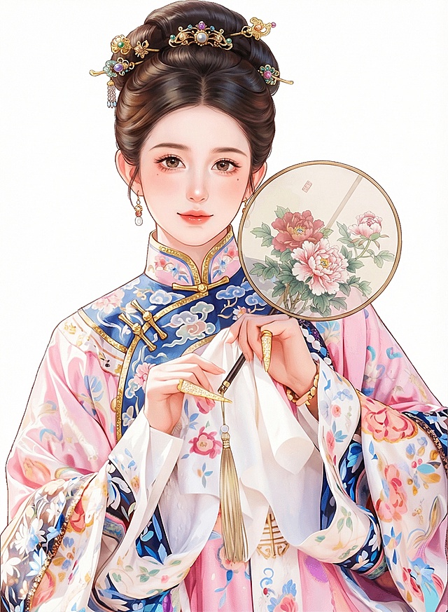 工笔细腻，水彩晕染，刺绣纹样点缀其间，古典中式美人手持团扇，优雅唯美，尽显东方韵味。