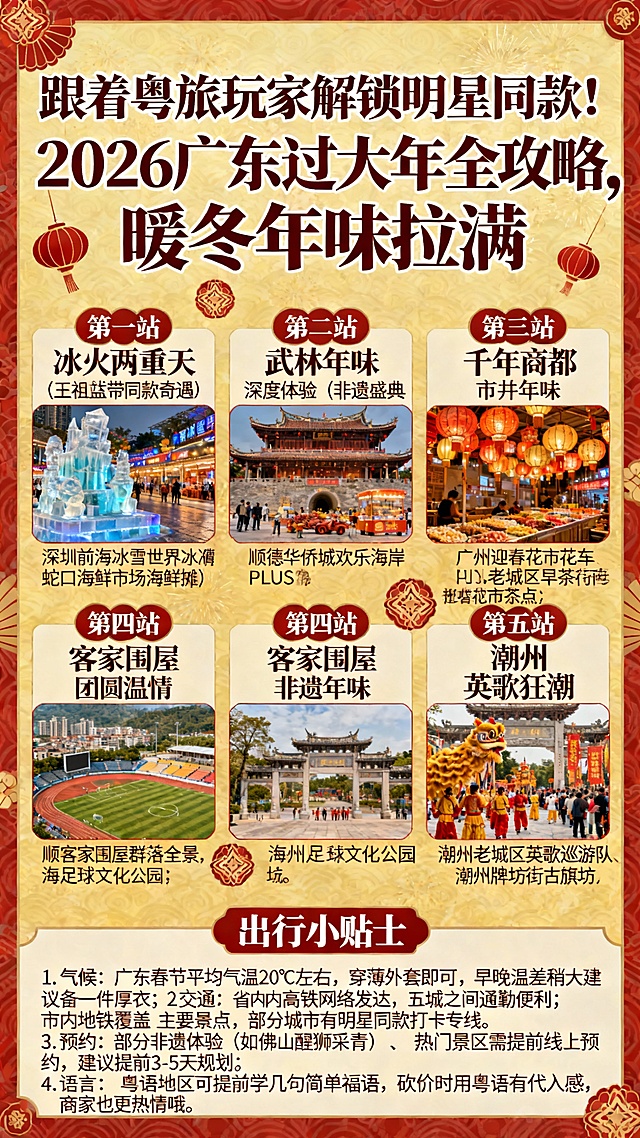 跟着粤旅玩家解锁明星同款！
2026广东过大年全攻略，暖冬年味拉满
谁懂啊！王祖蓝在深圳零下6℃滑雪后秒冲海鲜市场砍价的快乐，在《粤旅玩家》里直接具象化了😭 这个春节不用纠结去哪儿，跟着明星达人的脚步冲广东就对了！暖冬20℃+、非遗年味盛宴、人均百元海鲜自由，还有2000万文旅消费券加持，这波广东过大年真的赢麻了！

🌟 第一站：深圳「冰火两重天」同款奇遇（王祖蓝带队打卡）
✅ 必打卡点位1：深圳前海冰雪世界
✅ 必打卡点位2：蛇口海鲜市场
🌟 第二站：佛山「武林年味」深度体验（非遗盛宴主会场）
✅ 必打卡点位1：顺德华侨城欢乐海岸PLUS（主会场）
✅ 必打卡点位2：佛山东门圩迎春花市
🌟 第三站：广州「千年商都」市井年味
✅ 必打卡点位1：广州各区迎春花市
✅ 必打卡点位2：老城区早茶街
🌟 第四站：梅州「客家围屋」团圆温情
✅ 必打卡点位1：客家围屋群落
✅ 必打卡点位2：梅州足球文化公园
🌟 第五站：潮州「英歌狂潮」非遗年味
✅ 必打卡点位1：潮州老城区英歌舞巡游路线
✅ 必打卡点位2：潮州牌坊街
📝 出行小贴士
1. 气候：广东春节平均气温20℃左右，穿薄外套即可，早晚温差稍大建议备一件厚衣
2. 交通：省内高铁网络发达，五城之间通勤便利；市内地铁覆盖主要景点，部分城市有明星同款打卡专线
3. 预约：部分非遗体验（如佛山醒狮采青）、热门景区需提前线上预约，建议提前3-5天规划
4. 语言：粤语地区可提前学几句简单祝福语，砍价时用粤语更有代入感，商家也更热情哦

请根据上面的内容，生成旅游攻略导图。不能出现错字，别字。