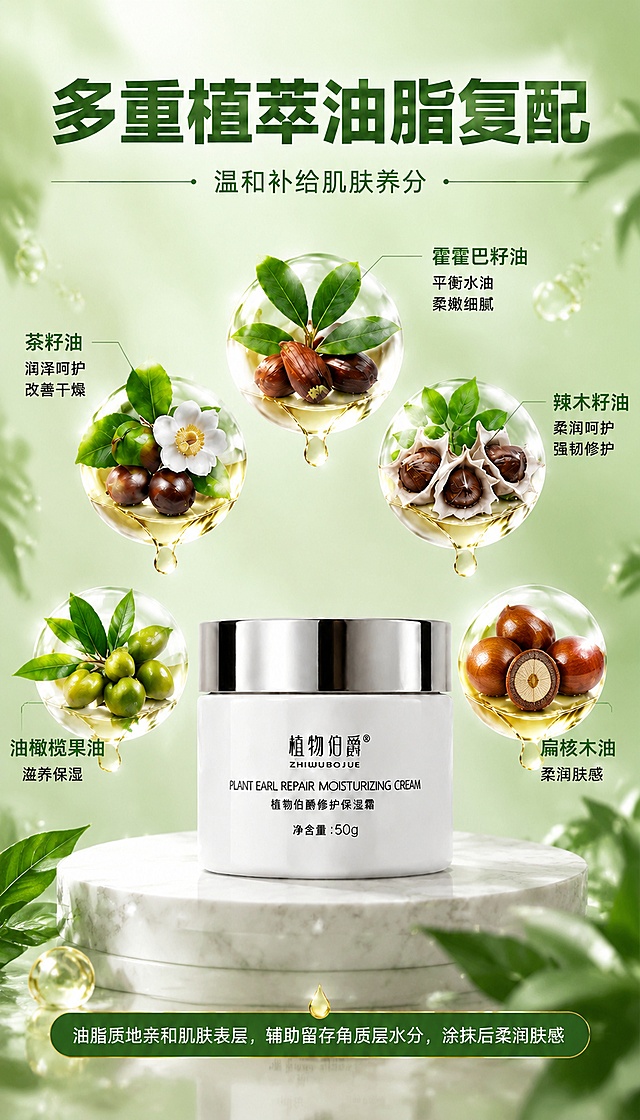 [第5屏] 植萃成分解析·上（多重植物油脂+屏障养护成分）。本屏使用【图4】作为产品主体和成分展示方式参考，保持产品外观一致。
[氛围/风格] 植萃成分科研风，浅绿渐变背景，原料大图环绕产品，商业摄影质感。
[元素布局] 面霜瓶置于画面正中央，占比约35%；周围环绕5种植物油脂原料的透明气泡球展示：茶籽花+茶籽、辣木籽、霍霍巴籽、扁核木、油橄榄；每种原料球有引线连接标注成分名；背景有淡绿色叶片和油滴元素；成分元素占画面50%以上，大且清晰。
[光影质感] 均匀柔光，透明气泡有光泽感，原料真实质感，整体通透自然。
[配色色系] 全局底色 #E8F3E8 浅绿渐变；主色深绿 #1A5C3A；辅助色金黄 #C9A227 + 白色气泡。
[视角构图] 中心放射式构图，产品居中，成分环绕四周，阅读动线从顶部标题 → 中央产品 → 四周成分。
[文字版式] 顶部主标题「多重植萃油脂复配」，副标题「温和补给肌肤养分」。成分标注：「茶籽油 润泽呵护 改善干燥」「辣木籽油 柔润呵护 强韧修护」「霍霍巴籽油 平衡水油 柔嫩细腻」「扁核木油 柔润肤感」「油橄榄果油 滋养保湿」。底部信息条「油脂质地亲和肌肤表层，辅助留存角质层水分，涂抹后柔润肤感」。文字清晰，成分名醒目。
[负向提示词] 产品变形，水印，文字错乱，文字过小，缺件错件，颜色偏差，包装文字错乱，产品图模糊，背景杂乱，AI水印。