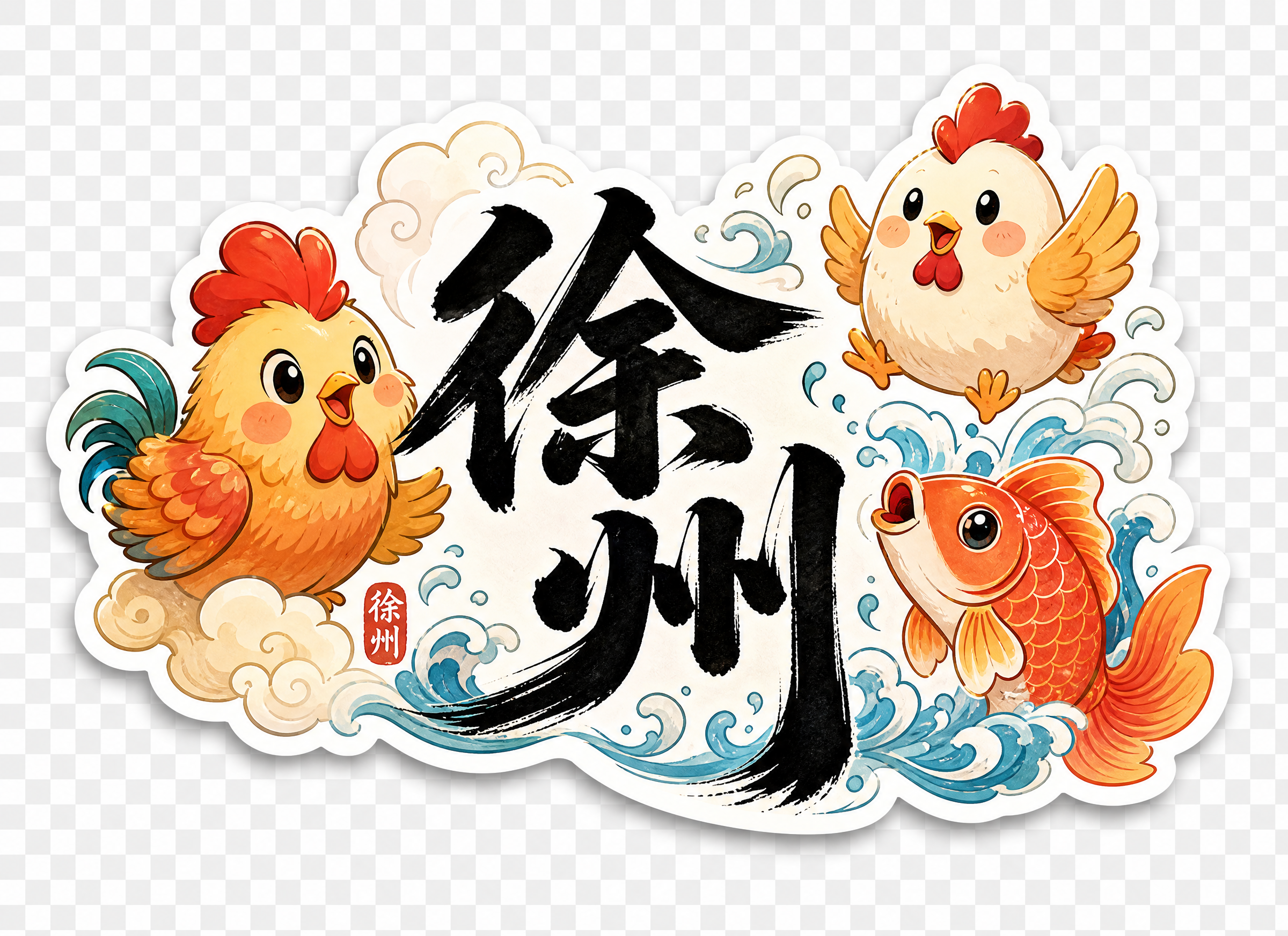 横版不规则贴纸设计，尺寸11*8厘米，画面中央是两个书法大字"… - 图片创意预览