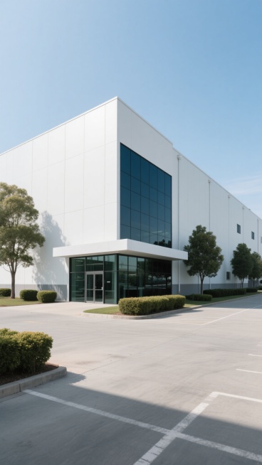 一座现代化的大型白色工业建筑，位于开阔的厂区内，建筑主体为简洁的几何造型，墙面平滑，搭配大面积的深色玻璃窗，入口处有玻璃幕墙设计。建筑周围种植着修剪整齐的低矮灌木丛和几棵高大的树木，地面是铺设平整的灰色水泥停车场，天空呈现清澈的淡蓝色，光线明亮柔和，整体氛围简洁、专业、具有现代工业感。预览效果